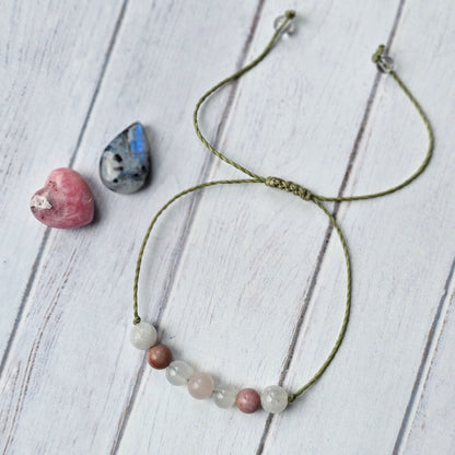 Nurturing Hope Crystal Bracelet | Moonstone, Rhodonite, White Agate, Rose Quartz